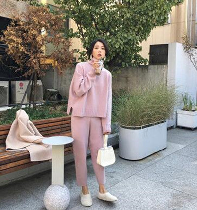 High Neck Slim Fit Sweater and Pants Two-Piece Set