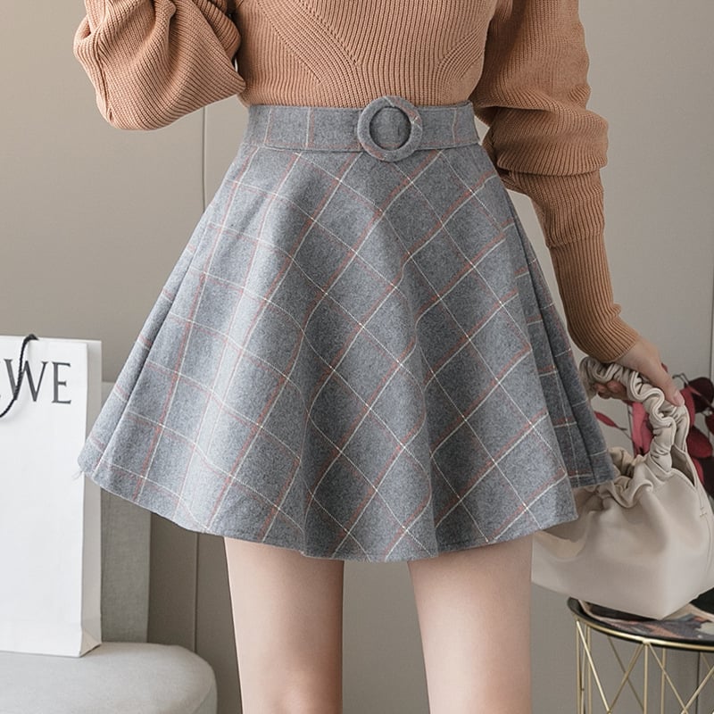 High-Waist A-Line Woolen Plaid Skirt for Women