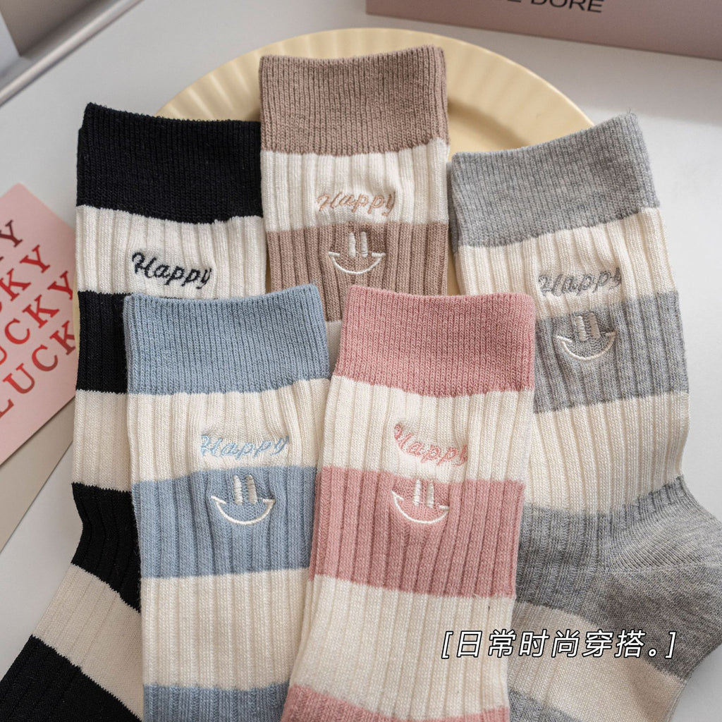 Women's Cotton Mid-Calf Socks - Breathable Embroidered Design