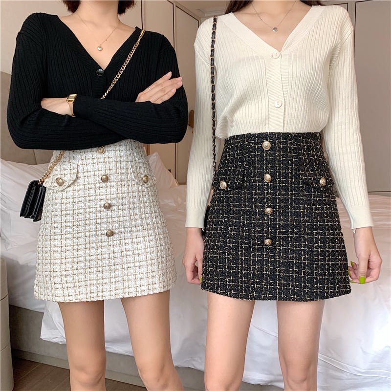 Plaid A-Line High Waist Tweed Skirt for Women