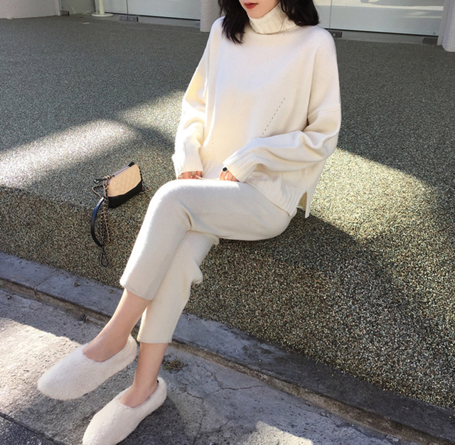 High Neck Slim Fit Sweater and Pants Two-Piece Set