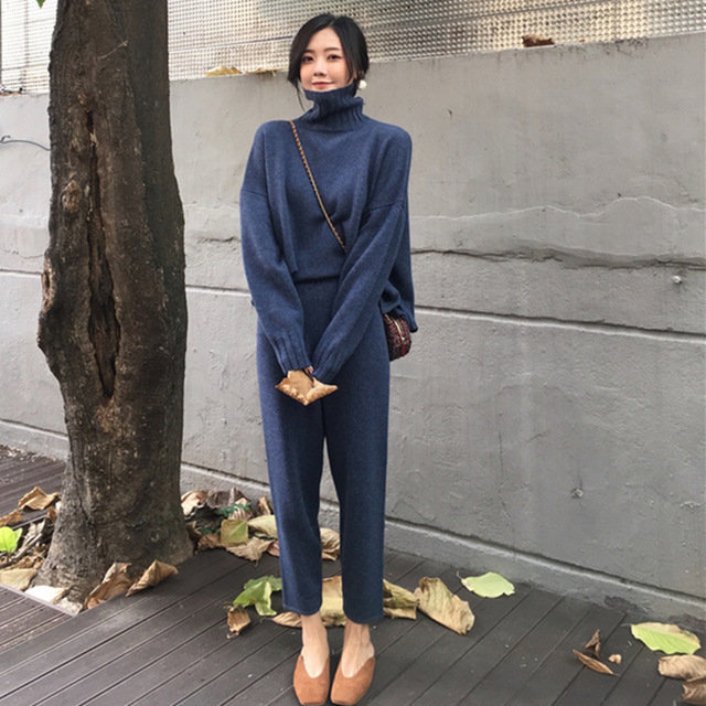 High Neck Slim Fit Sweater and Pants Two-Piece Set