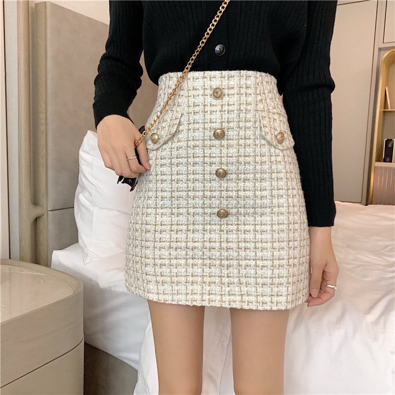 Plaid A-Line High Waist Tweed Skirt for Women