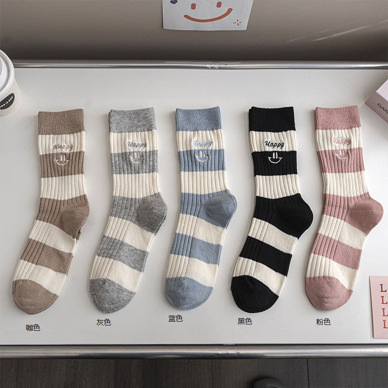Women's Cotton Mid-Calf Socks - Breathable Embroidered Design