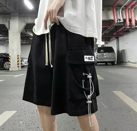 Chinese Style Black Casual Hip-hop Loose Five-point Pants