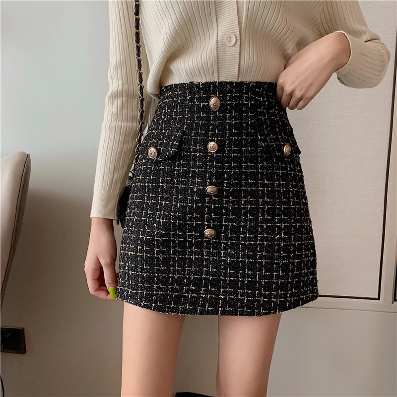 Plaid A-Line High Waist Tweed Skirt for Women