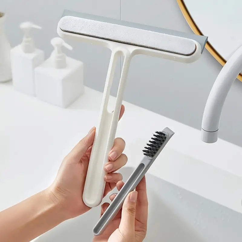 3-in-1 Glass Cleaning Brush with Handle and Squeegee