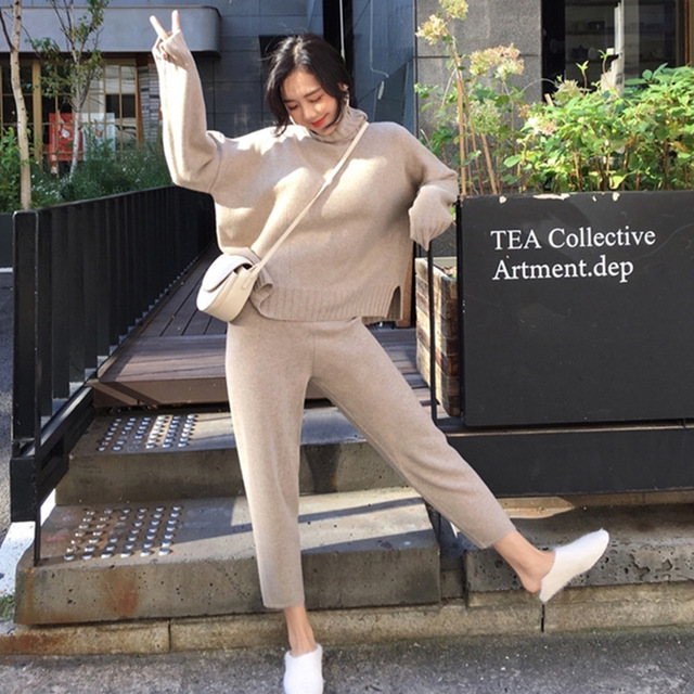 High Neck Slim Fit Sweater and Pants Two-Piece Set