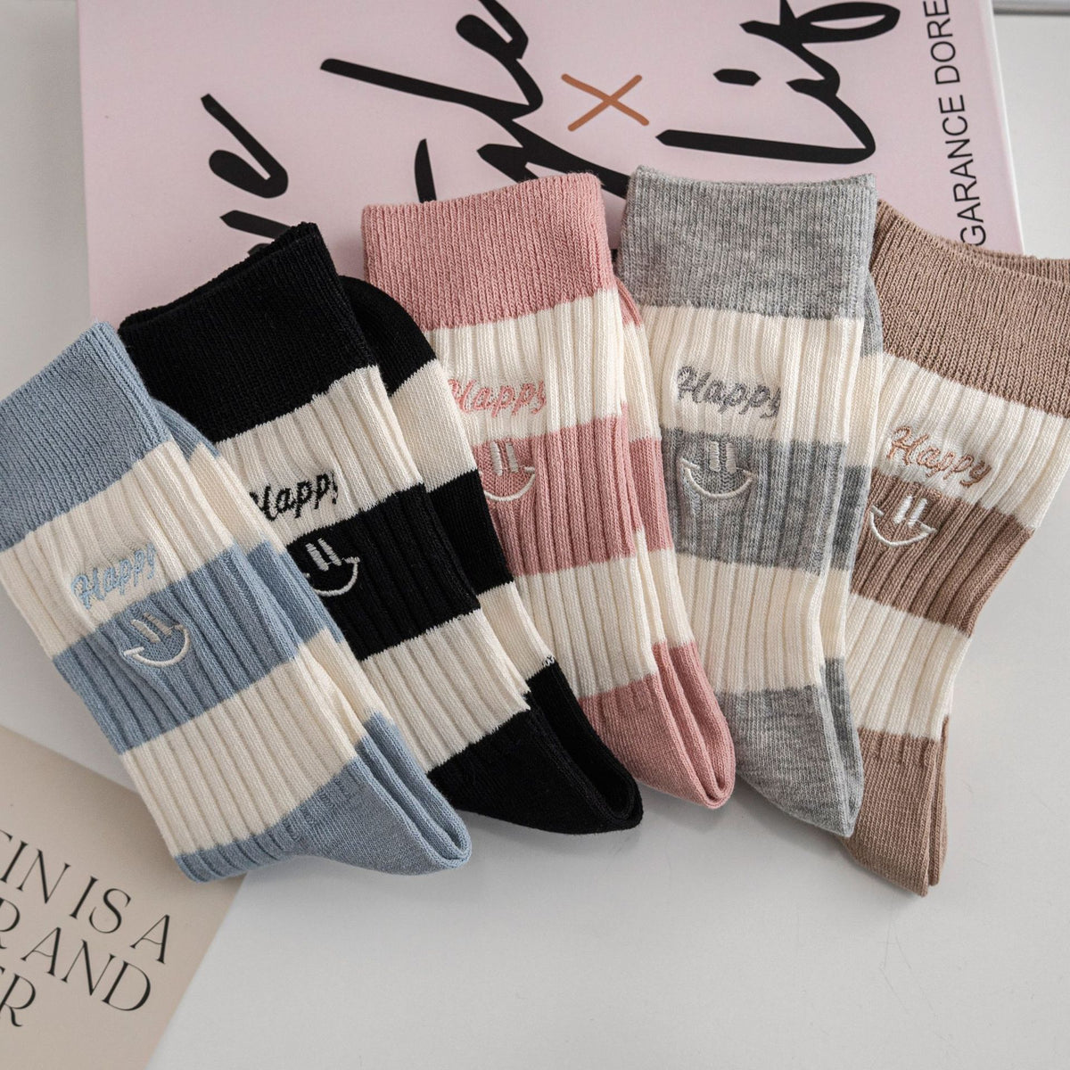Women's Cotton Mid-Calf Socks - Breathable Embroidered Design