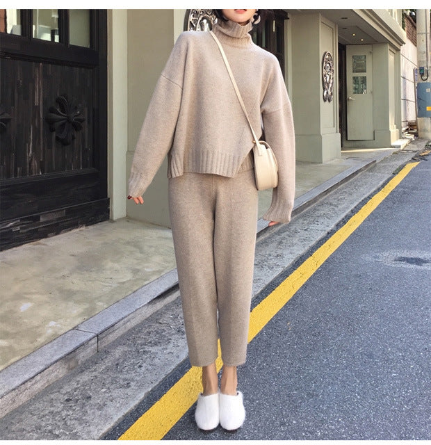 High Neck Slim Fit Sweater and Pants Two-Piece Set