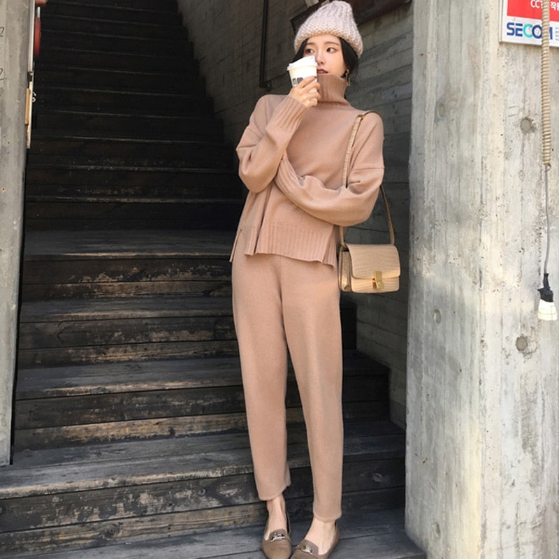 High Neck Slim Fit Sweater and Pants Two-Piece Set