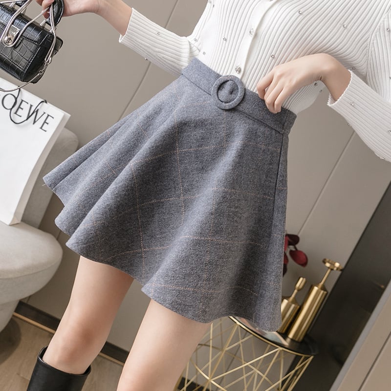 High-Waist A-Line Woolen Plaid Skirt for Women